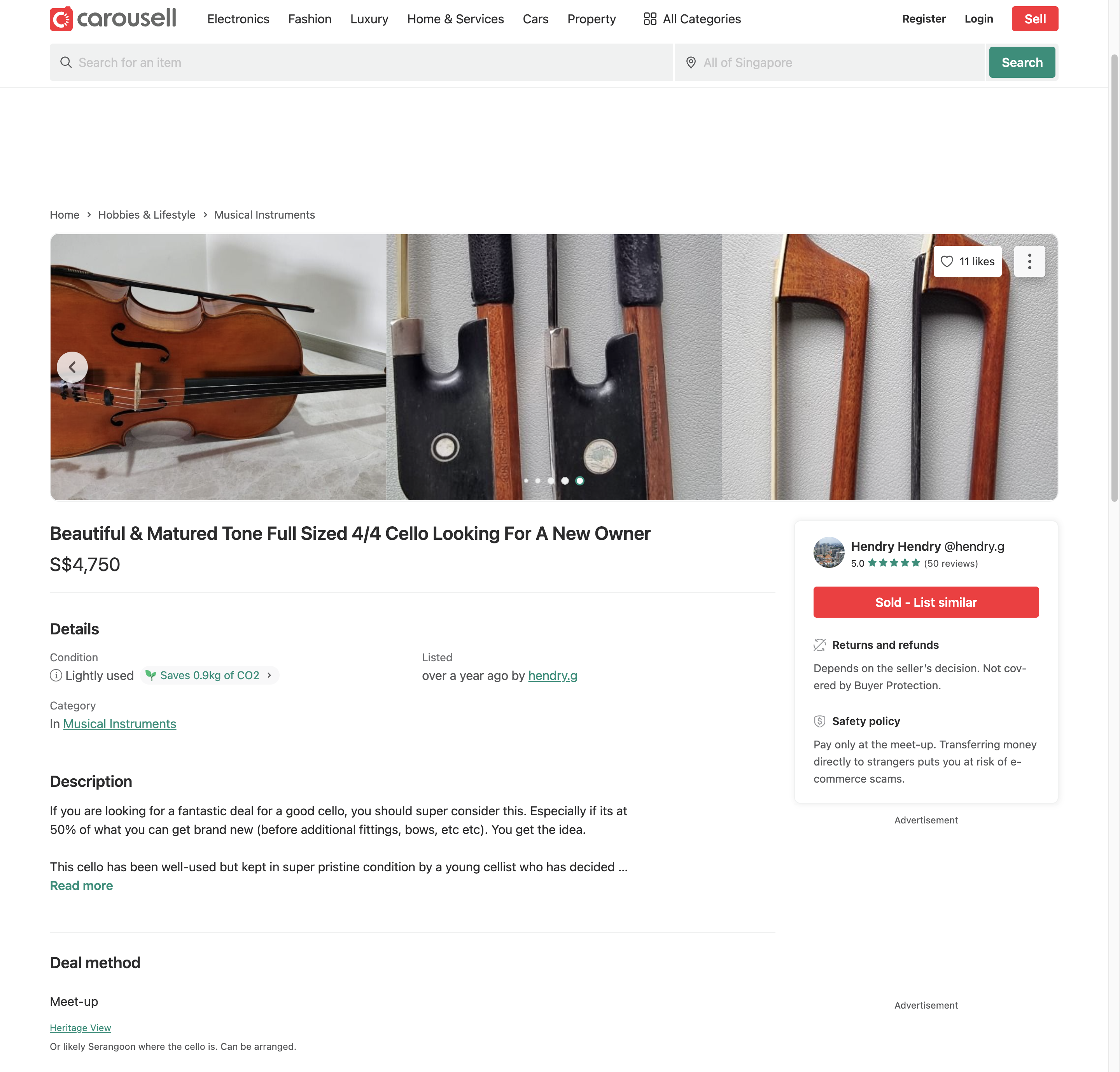 Real Carousell cello listing by Chin Hong